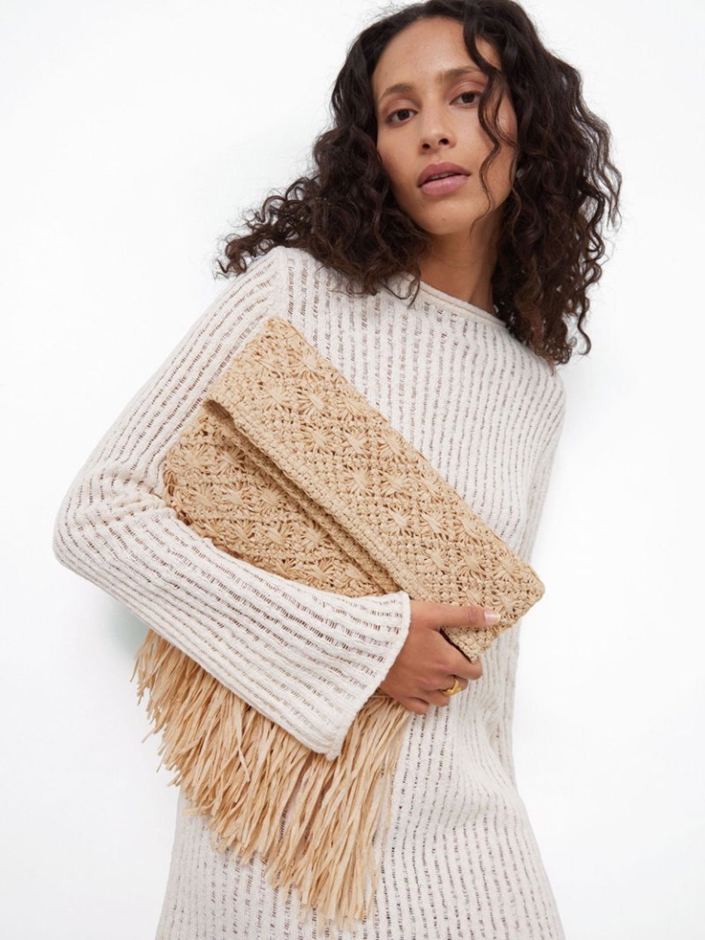 NWT &Other Stories Fringed Oversized Woven Straw Clutch Crossbody Bag